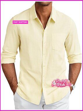 Men's Long Sleeve Button Down Shirt Cotton Linen Fabric Casual